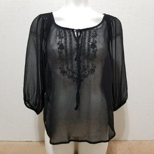 LC Lauren Conrad top XS sheer floral embroidered peasant tie neck keyhole boho